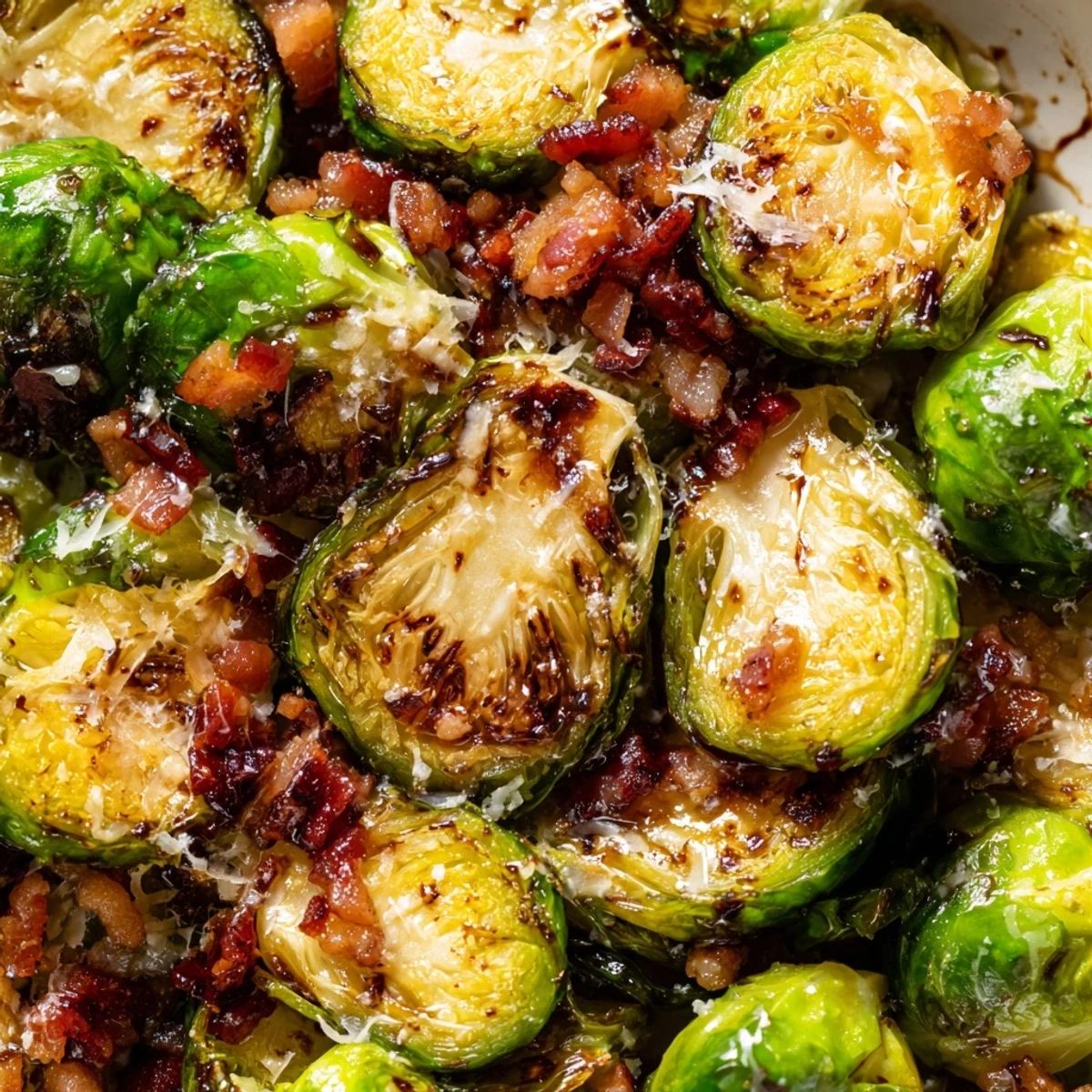 Roasted Brussels sprouts with savory turkey bacon, finished with balsamic glaze on a rustic plate.
