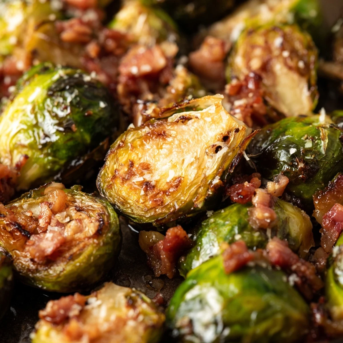 Close-up of roasted Brussels sprouts with turkey bacon and Parmesan, served warm as an easy side dish.
