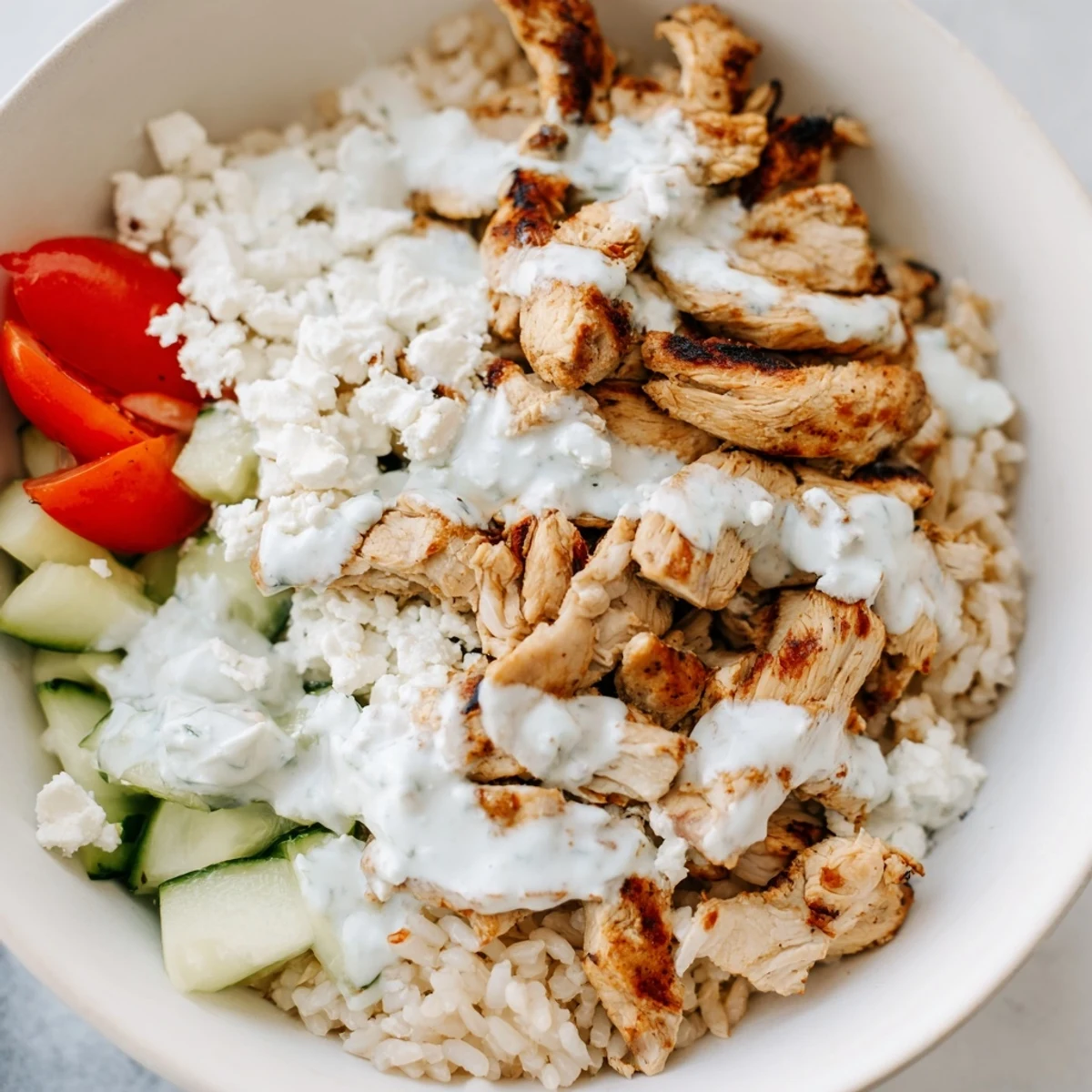 A spoonful of creamy, homemade tzatziki sauce is generously drizzled over the vibrant Greek Chicken Gyro Bowls, garnished with fresh parsley and olives.