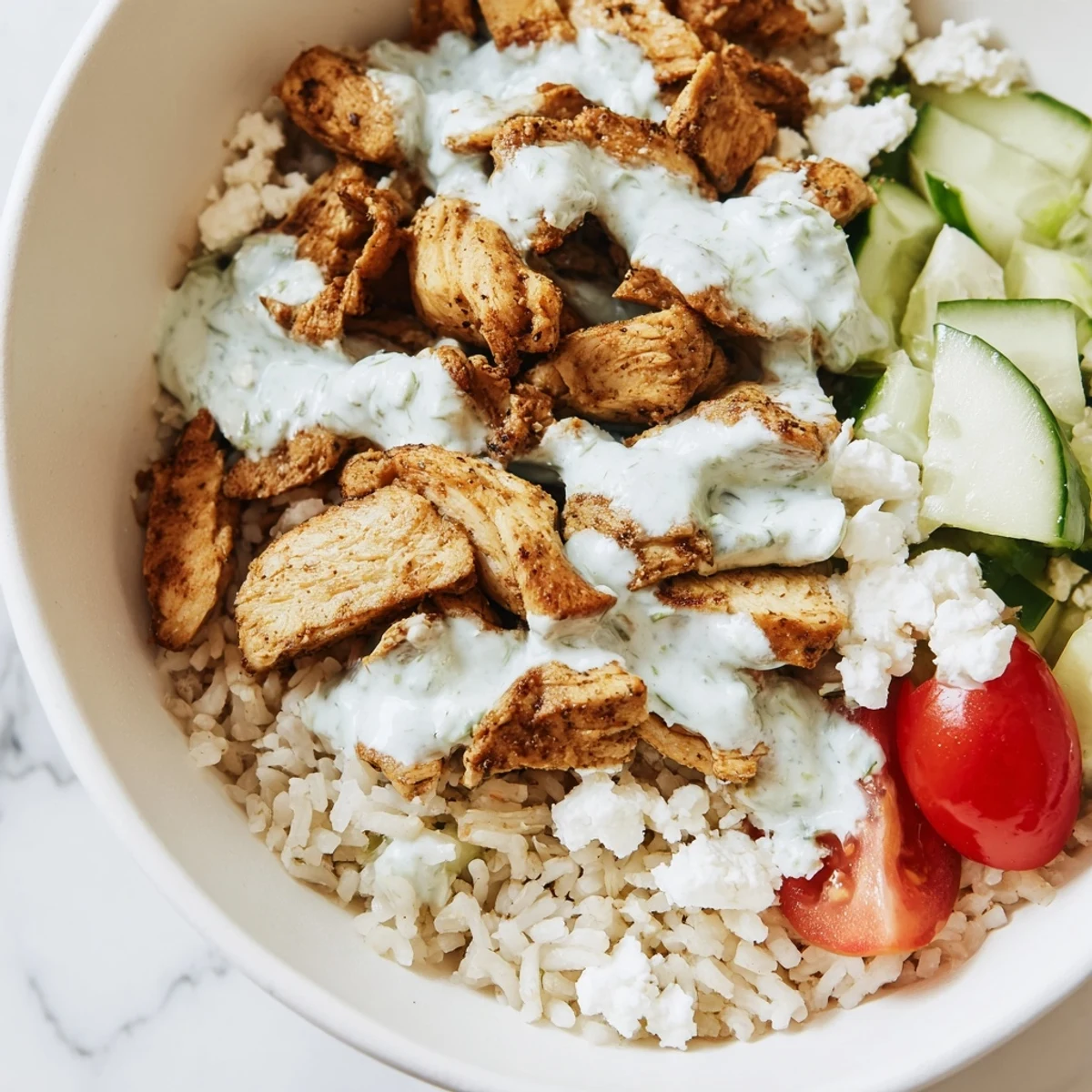 Close-up of Greek Chicken Gyro Bowls featuring golden chicken, diced cucumbers, red onions, and lemon wedges, ready to be mixed with creamy tzatziki sauce.