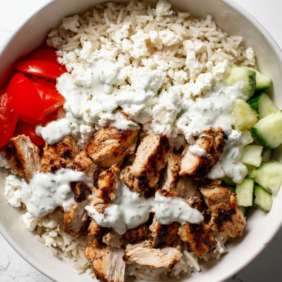 Freshly grilled, tender marinated chicken slices rest on aromatic rice, topped with vibrant cherry tomatoes, cucumber, and crumbled feta cheese in these Greek Chicken Gyro Bowls.