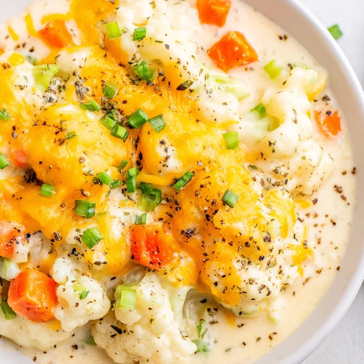 Creamy Cauliflower Chowder with Cheddar Cheese steaming in a rustic bowl, topped with fresh chives and extra shredded cheese.