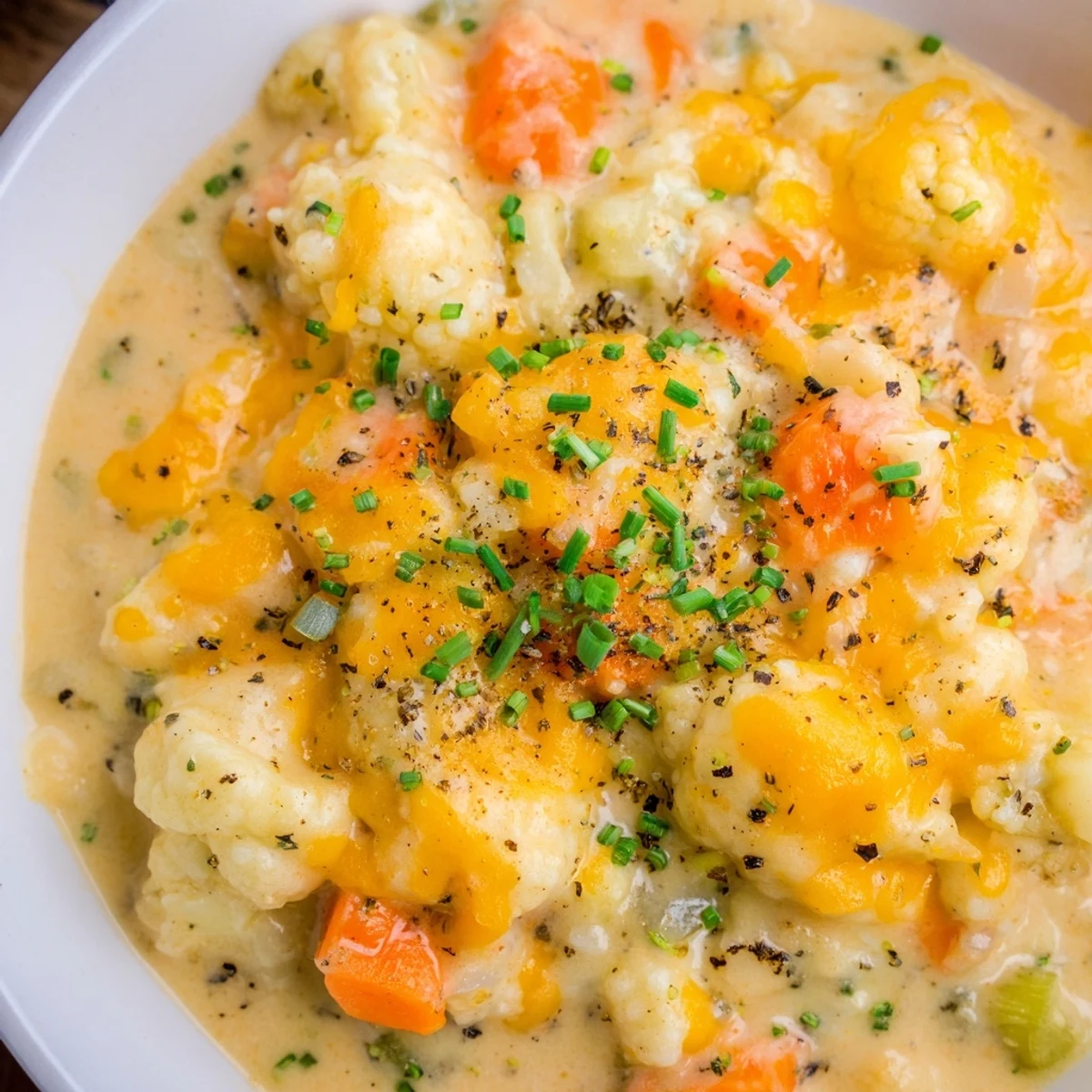 A ladle pours Creamy Cauliflower Chowder with Cheddar Cheese from a pot, showing its velvety texture and colorful vegetables.