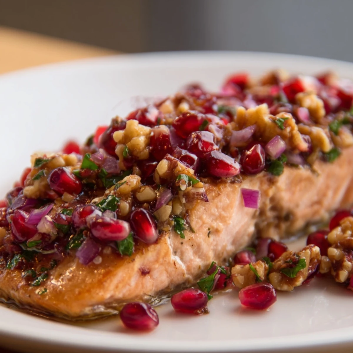 Golden flaky salmon covered in crunchy walnut and jewel-toned pomegranate seeds on a plate.