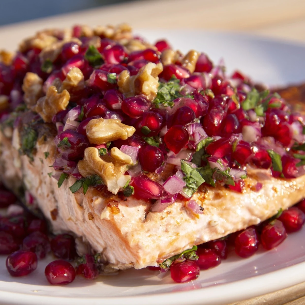 Perfectly baked salmon fillets topped with vibrant Pomegranate Walnut Salsa and fresh herbs.
