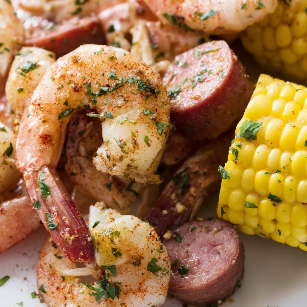 Spicy Cajun Shrimp Boil with Corn steamed in a zesty broth and piled on a serving platter with sausage and potatoes.