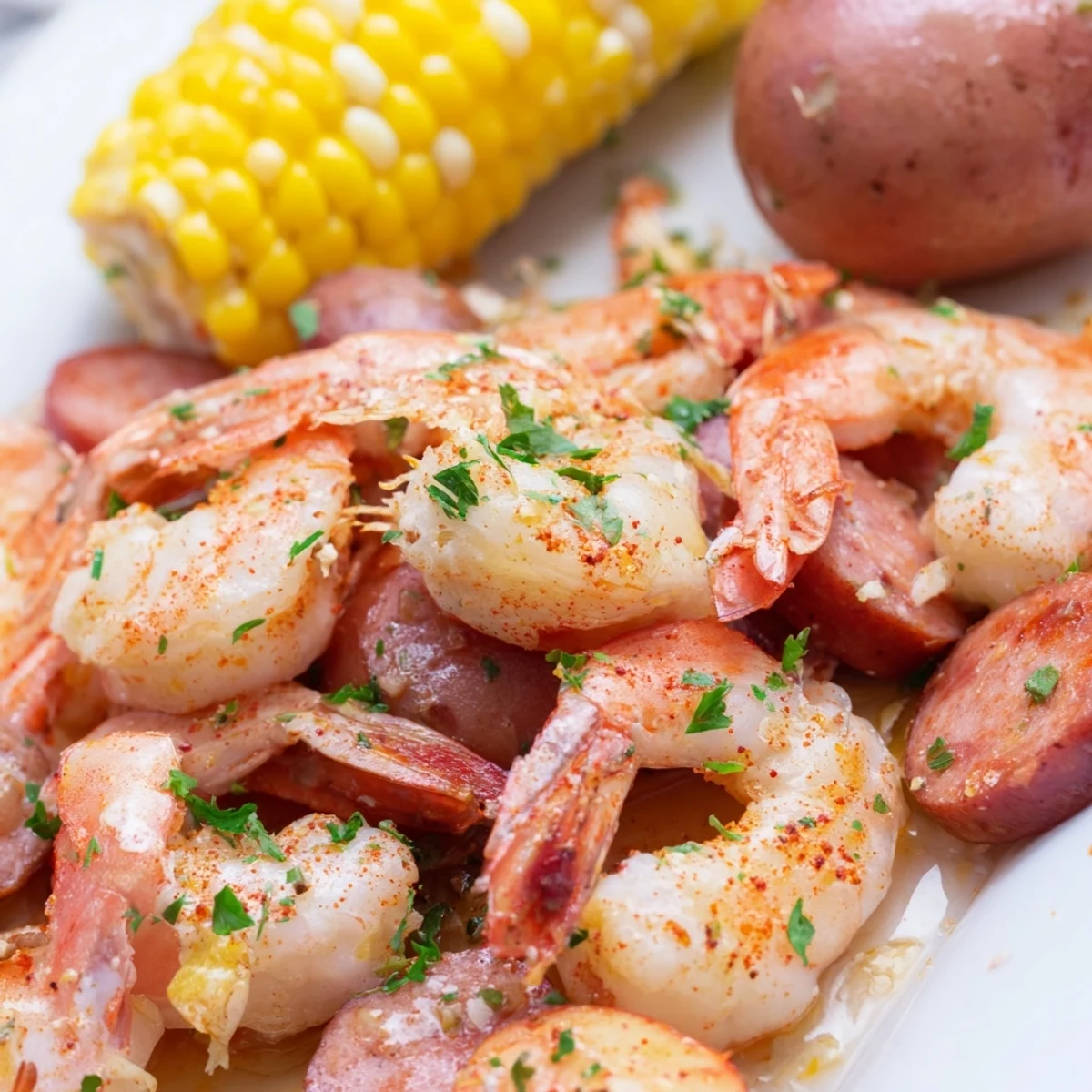 A close-up of the Spicy Cajun Shrimp Boil with Corn, showcasing pink shrimp, corn, and sausage drenched in melted butter.