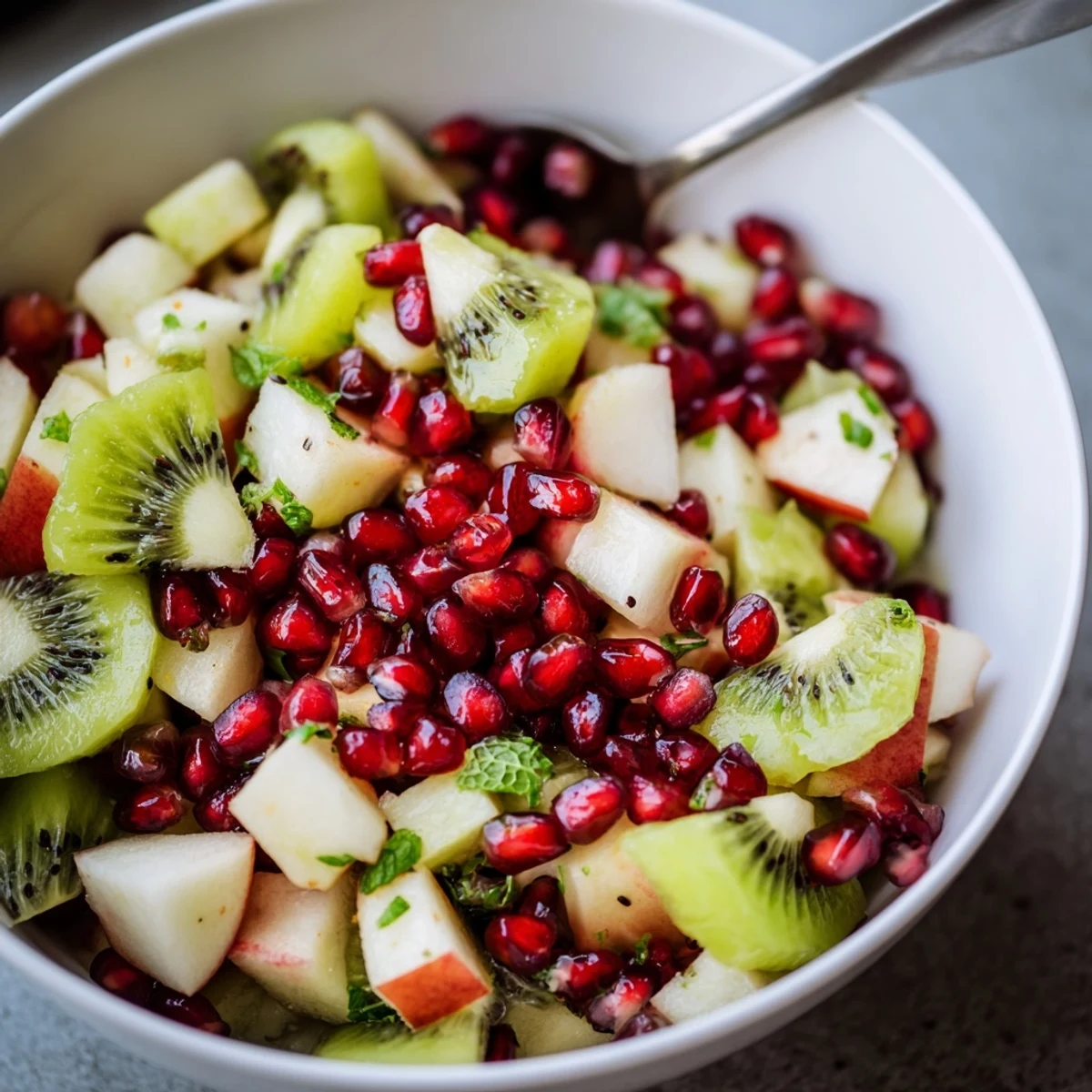 Freshly diced apple and pear mingle with juicy orange segments in this Winter Fruit Salad with Pomegranate and Lime, sprinkled with ruby pomegranate seeds and mint.