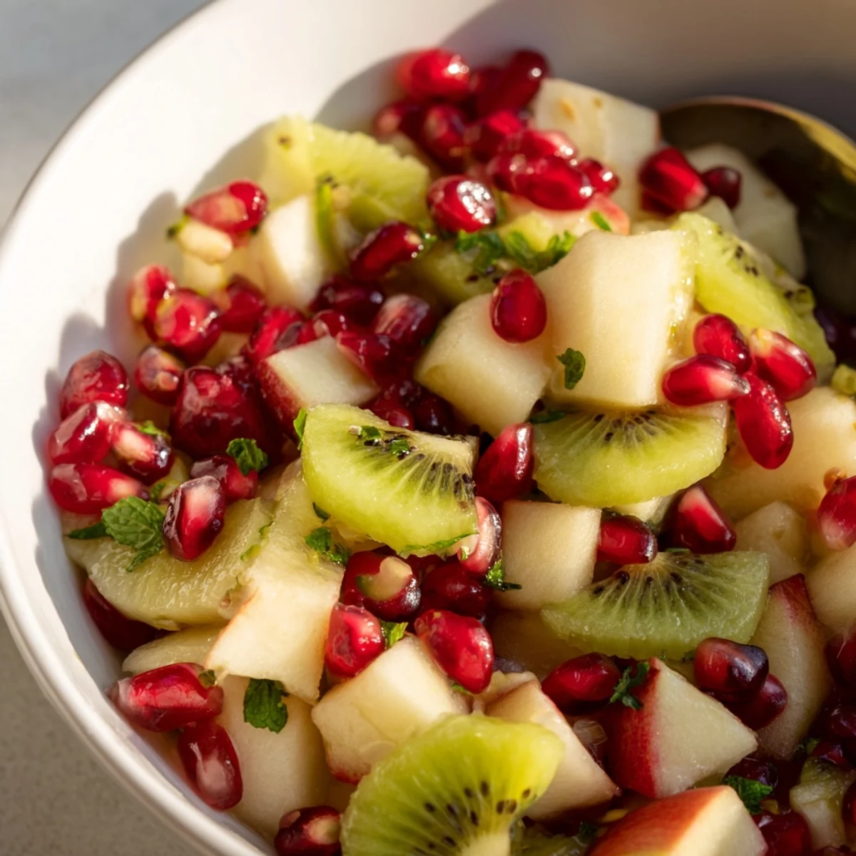 Glistening pomegranate arils and sliced kiwi top a chilled bowl of the Winter Fruit Salad with Pomegranate and Lime, ready for a light lunch.