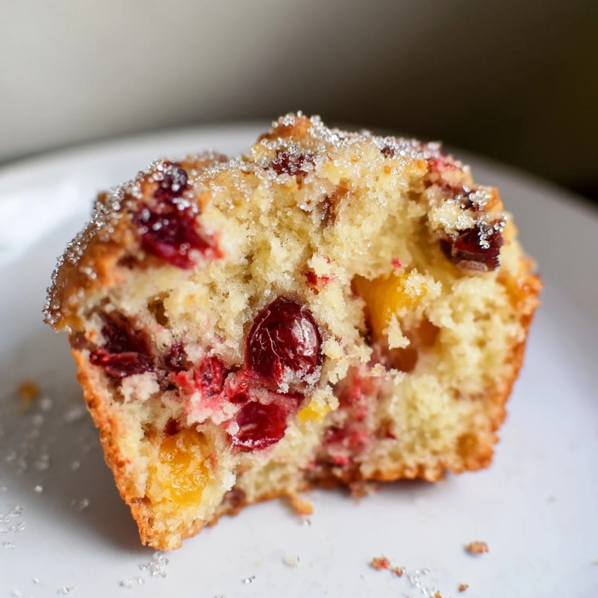 Two warm Orange Cranberry Breakfast Muffins show off vibrant red cranberry chunks and bright orange zest flecks.