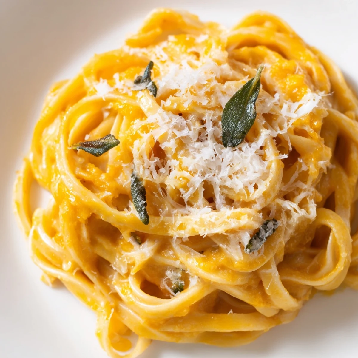 Creamy Pumpkin and Sage Pasta Sauce coats fettuccine in a velvety orange sauce, garnished with crispy sage leaves.