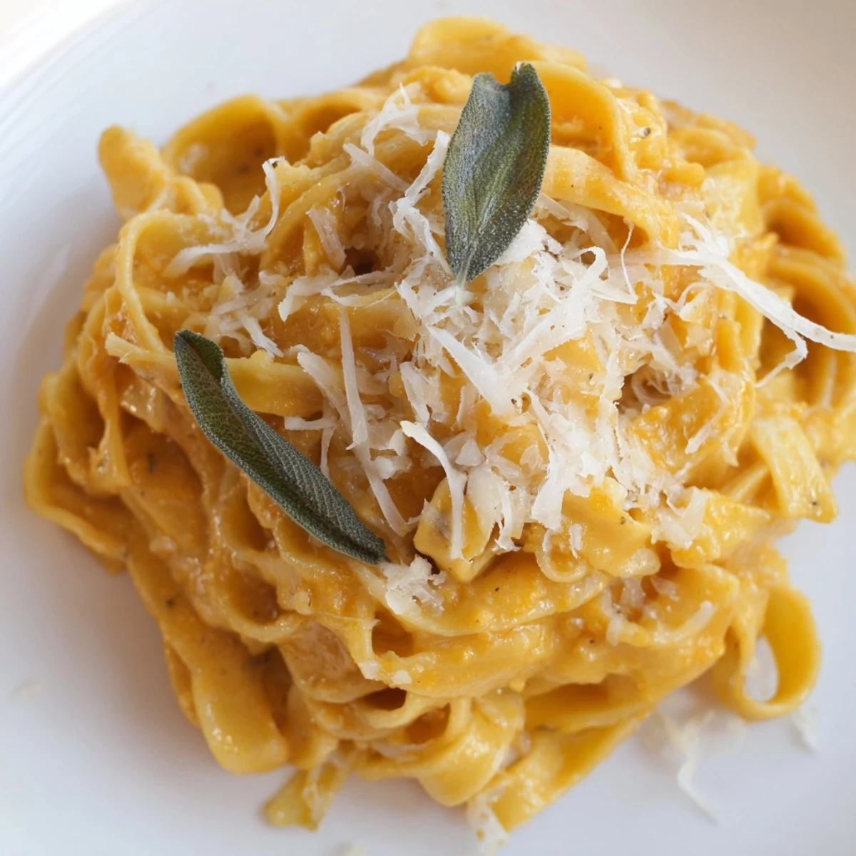 Rich Creamy Pumpkin and Sage Pasta Sauce simmering in a skillet, ready to toss with perfectly cooked pasta.