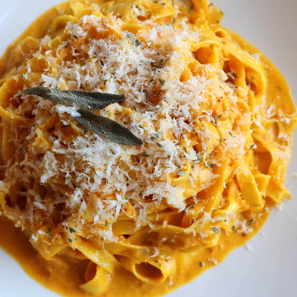 A bowl of Creamy Pumpkin and Sage Pasta Sauce, served with grated Parmesan and a glass of white wine.