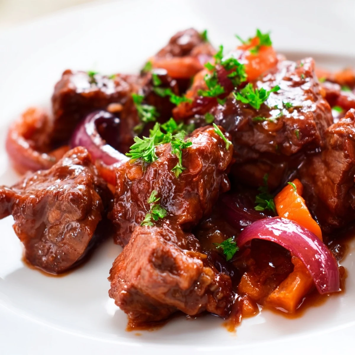 Tender chunks of braised beef chuck nestled with caramelized red onions in a glossy red wine sauce.