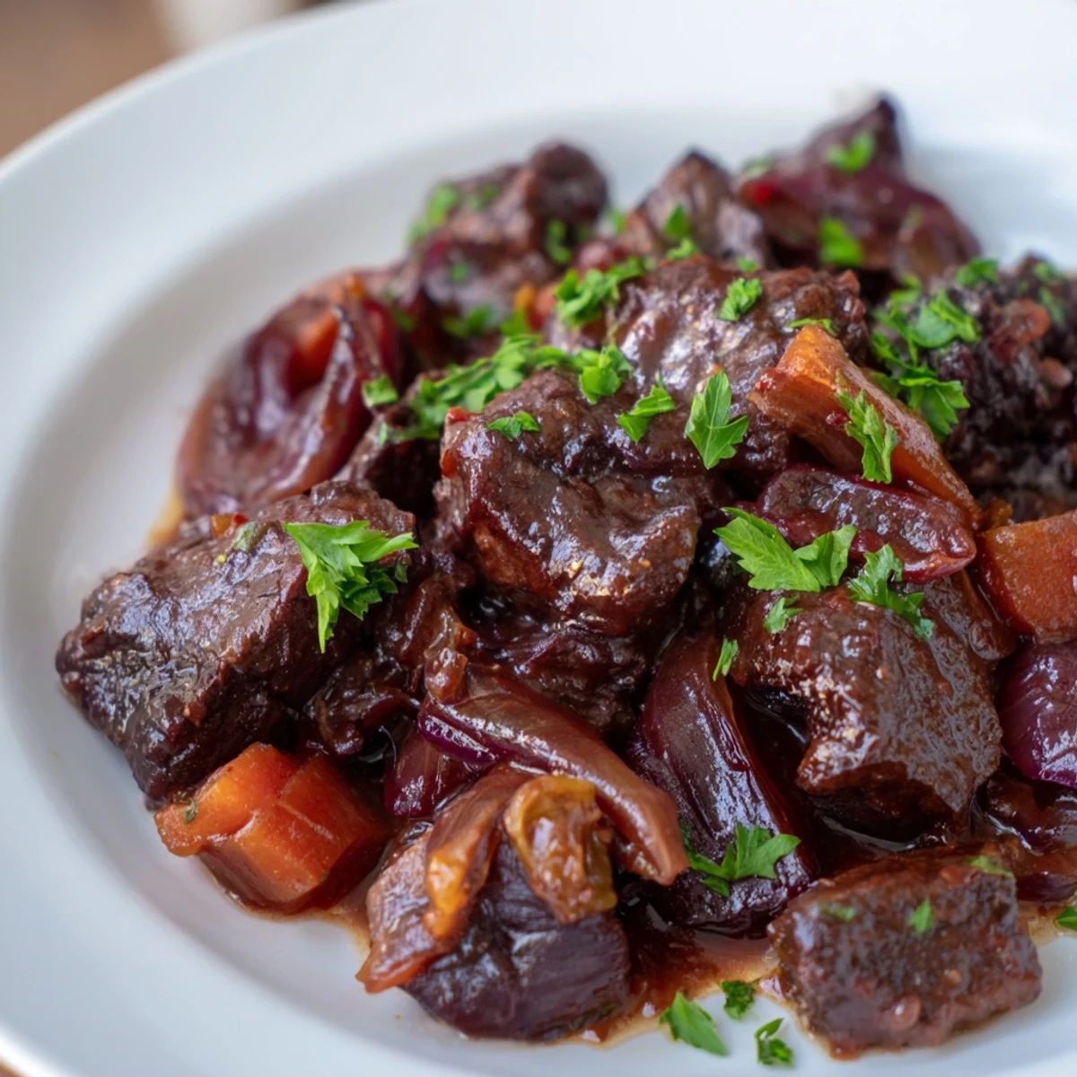 A rustic Dutch oven of braised beef chuck and ruby onions beside creamy mashed potatoes.