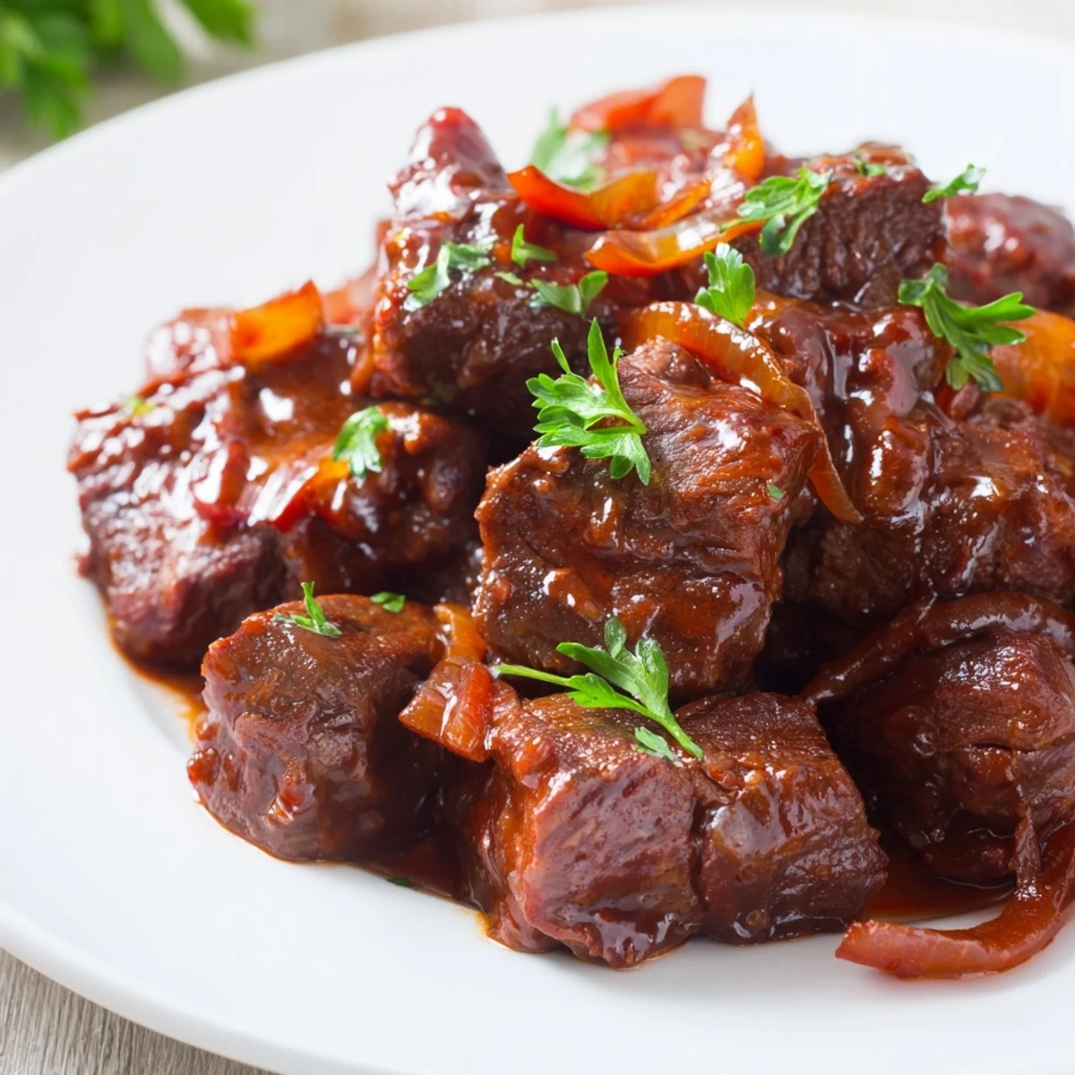 Savory braised beef chuck served over polenta, garnished with fresh parsley and a drizzle of sauce.