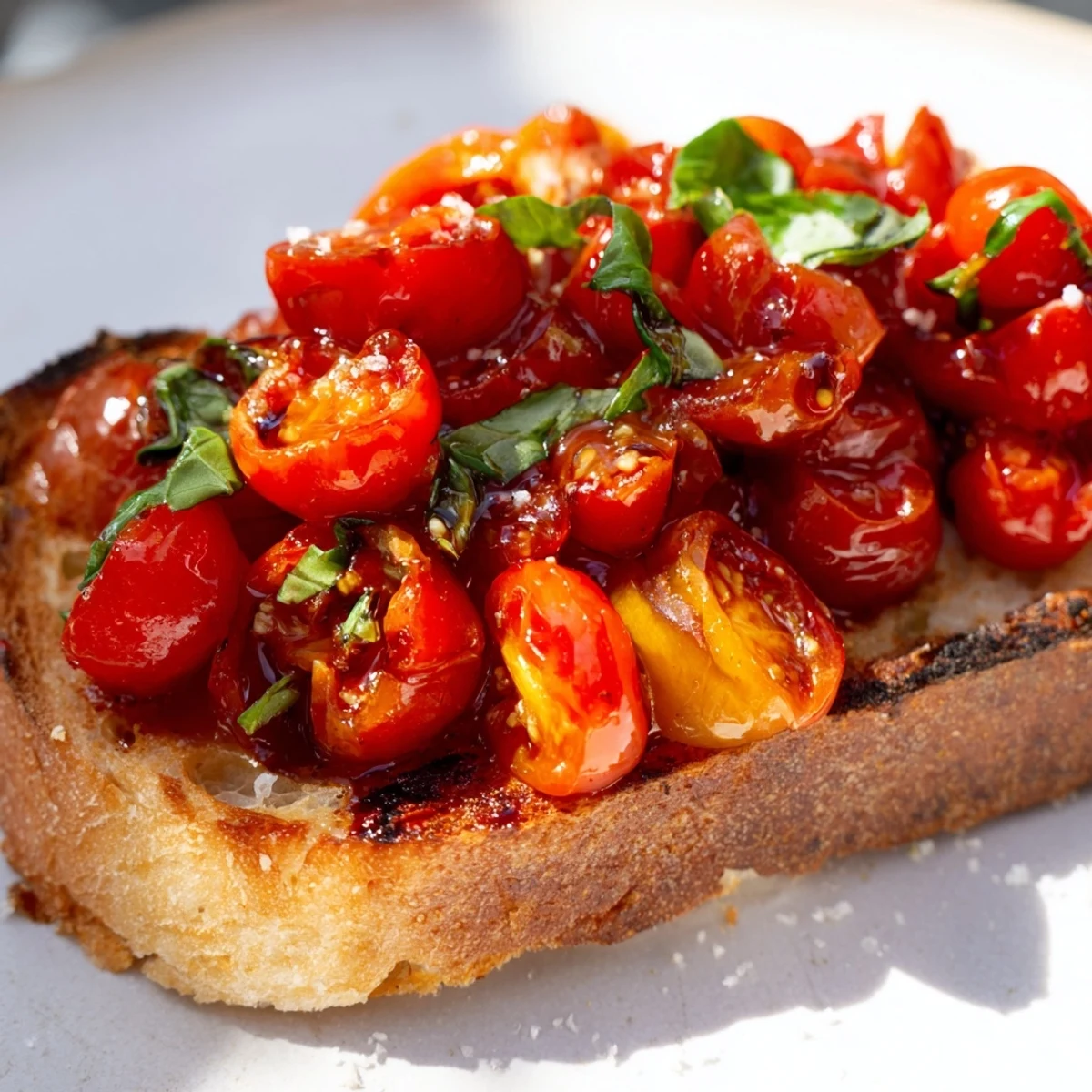 A close-up of rustic roasted tomato and basil bruschetta on toast, featuring caramelized tomatoes and fresh green basil.