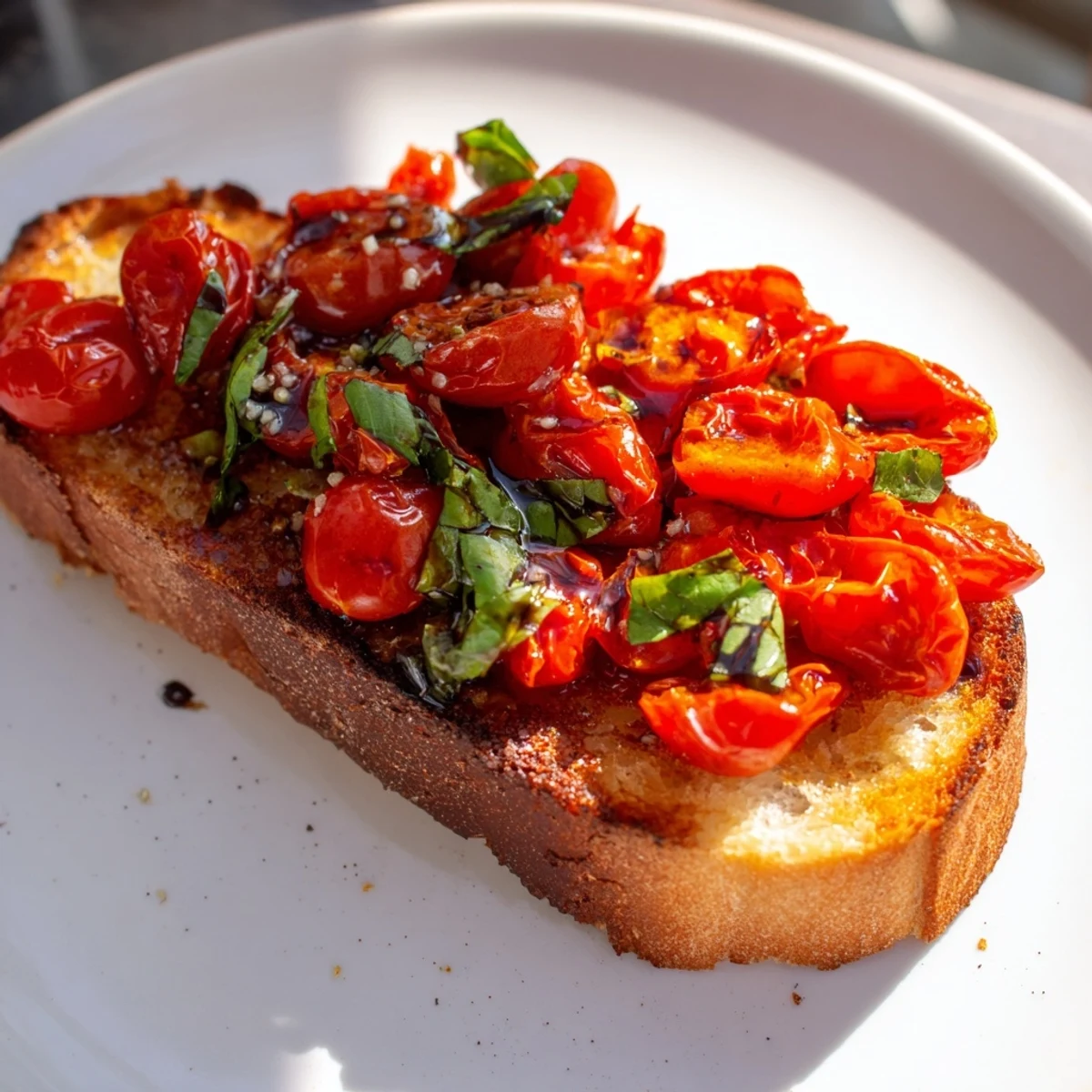 Crispy golden bread slices topped with roasted tomato and basil bruschetta, finished with a drizzle of olive oil.