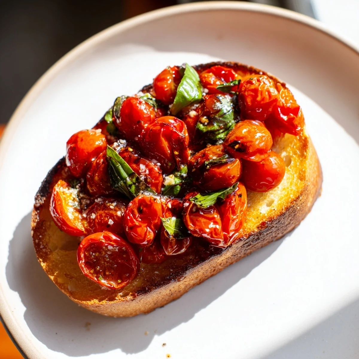 Serving platter piled high with warm roasted tomato and basil bruschetta on toast, perfect for an Italian appetizer spread.