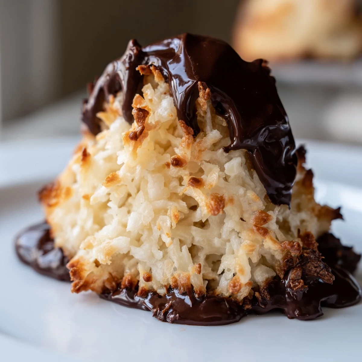 Freshly baked Coconut Macaroons with Chocolate Drizzle on a tray, golden edges, rich dark chocolate dripping down the sides.