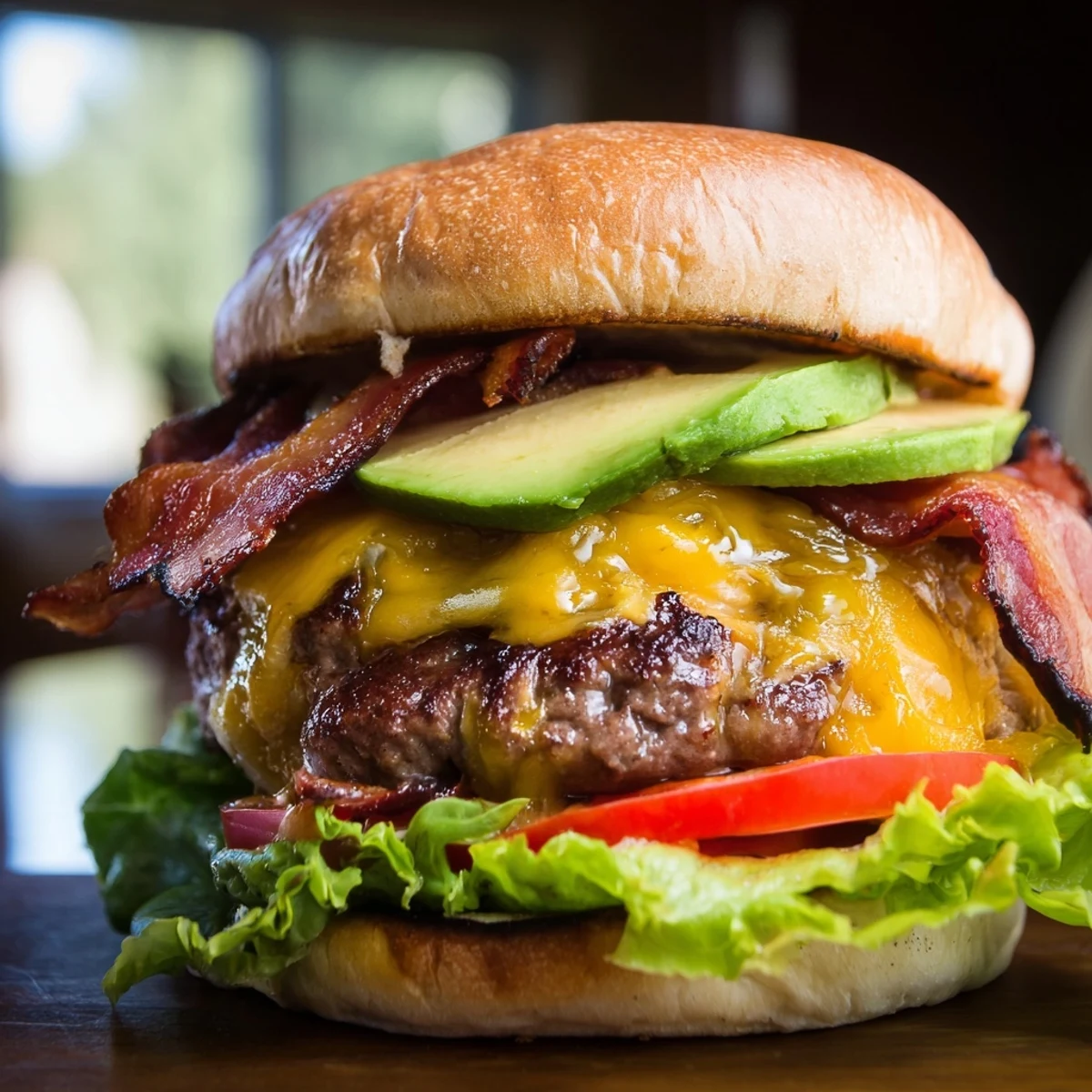 Sizzling Beef Burger with Avocado and Bacon garnished with lettuce and tomato on a warm bun.