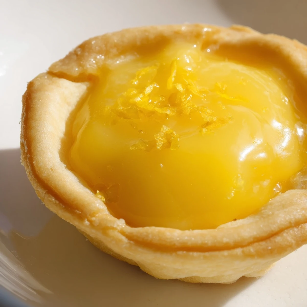 A close-up of Lemon Curd Tartlets topped with fresh berries on a white plate.