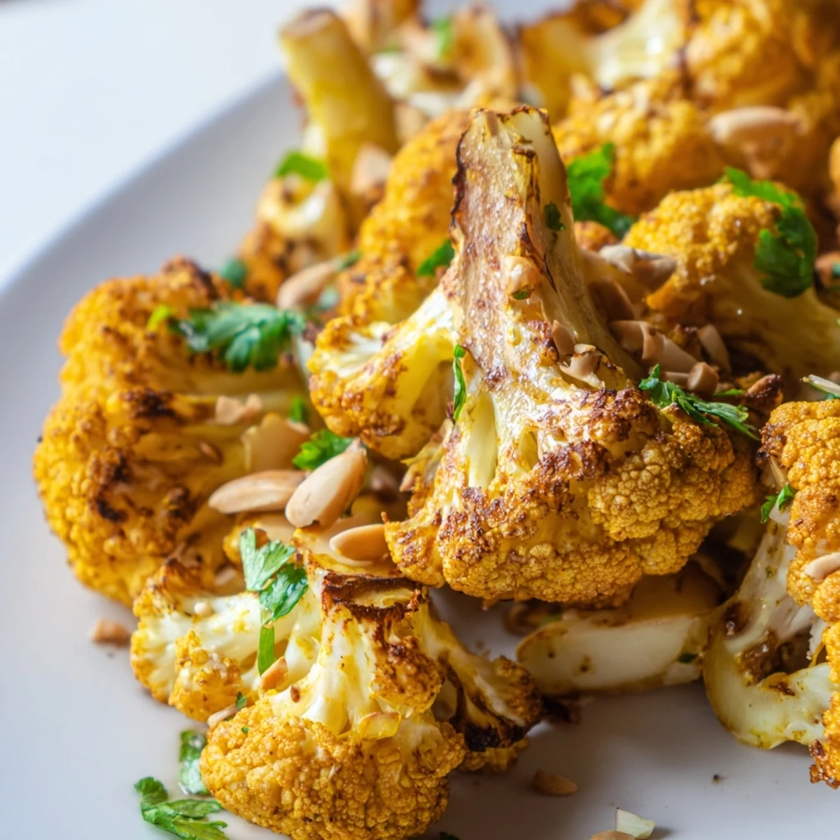 Golden roasted cauliflower with turmeric and cumin in a bowl, garnished with fresh cilantro and lemon wedges.