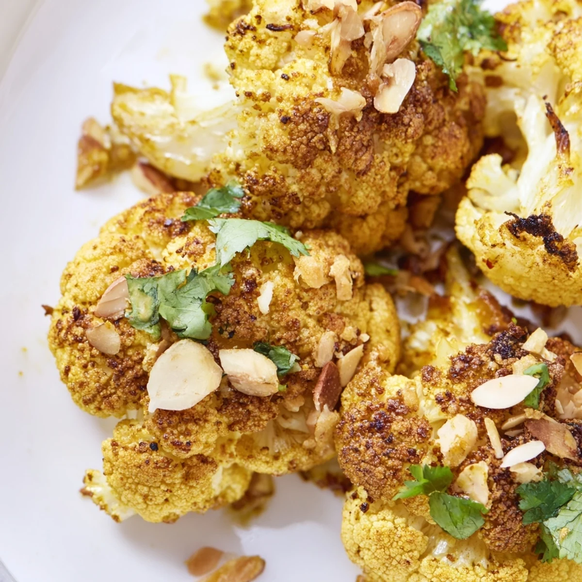Freshly roasted cauliflower with turmeric and cumin, ready to eat alongside fluffy rice and warm flatbreads.