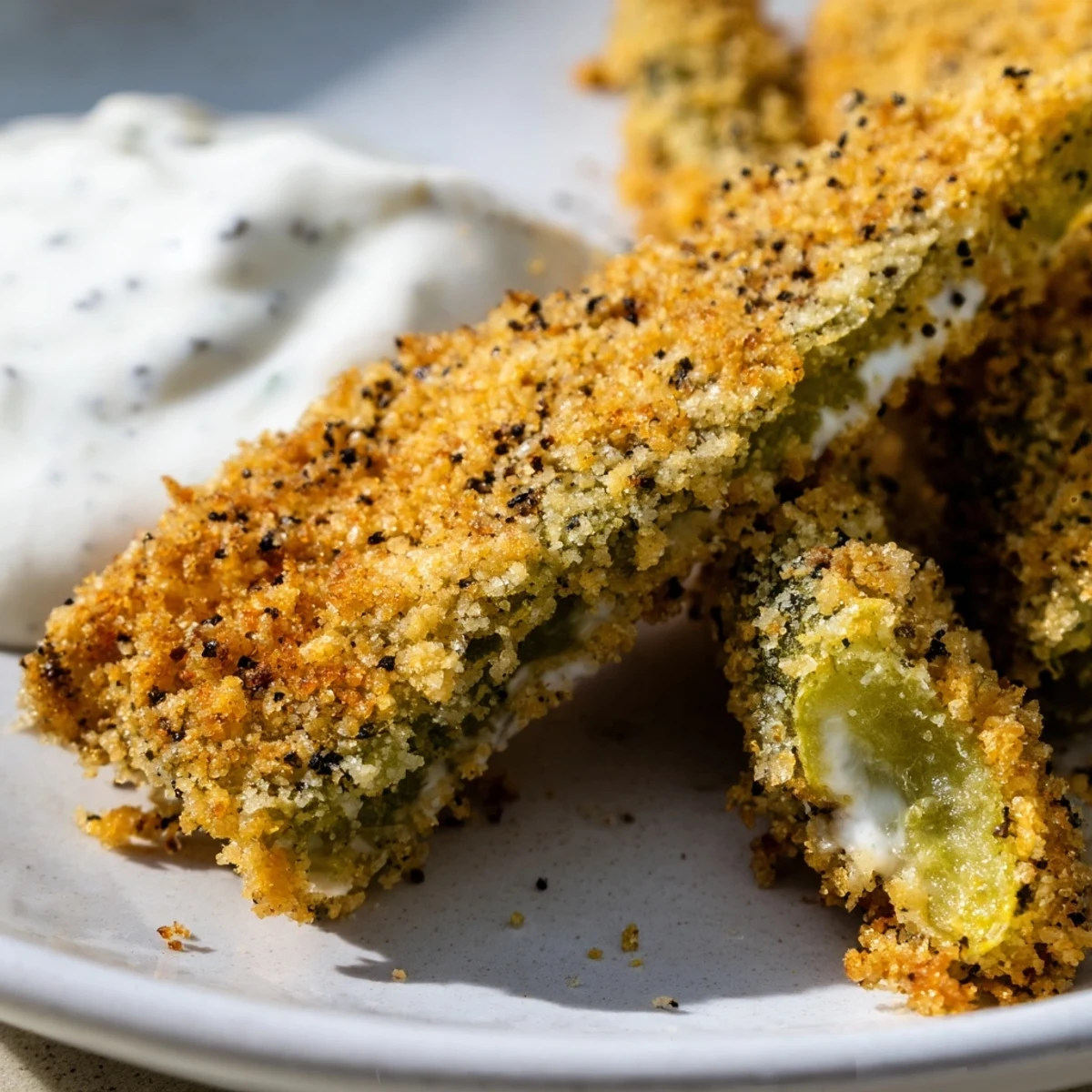 Crispy Fried Pickles with Ranch are golden brown, served hot on a plate with a side of creamy ranch dressing for dipping.