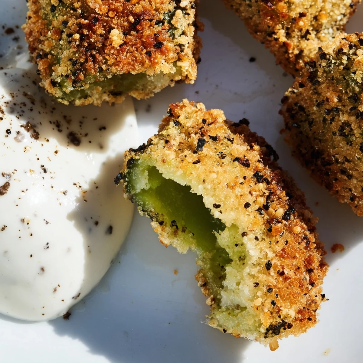 A platter of Crispy Fried Pickles with Ranch showcasing the crunchy panko-cornmeal coating, perfect for sharing at parties.