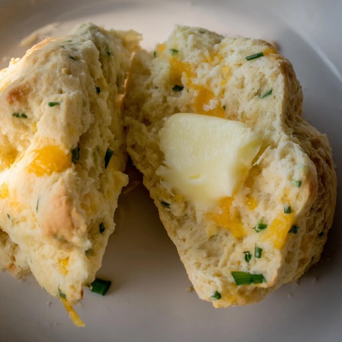 A rustic arrangement of golden-brown Savory Cheese Scones, dusted with herbs and served warm with a pat of melted butter.  