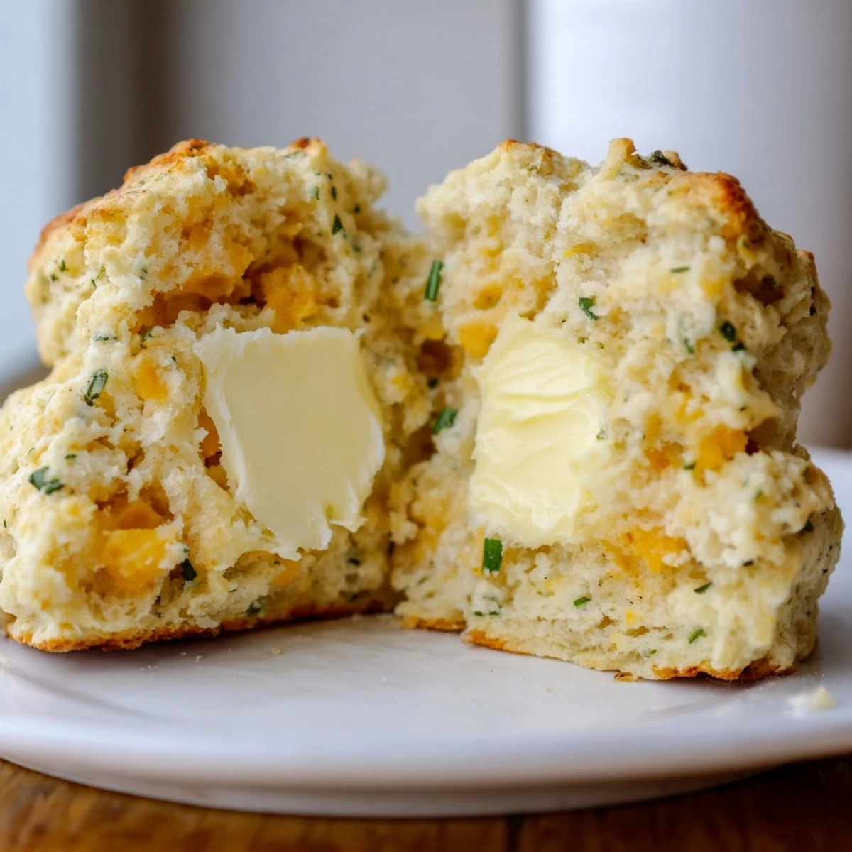A close-up of a split Savory Cheese Scone revealing a fluffy texture and melting cheese, topped with a dollop of butter.
