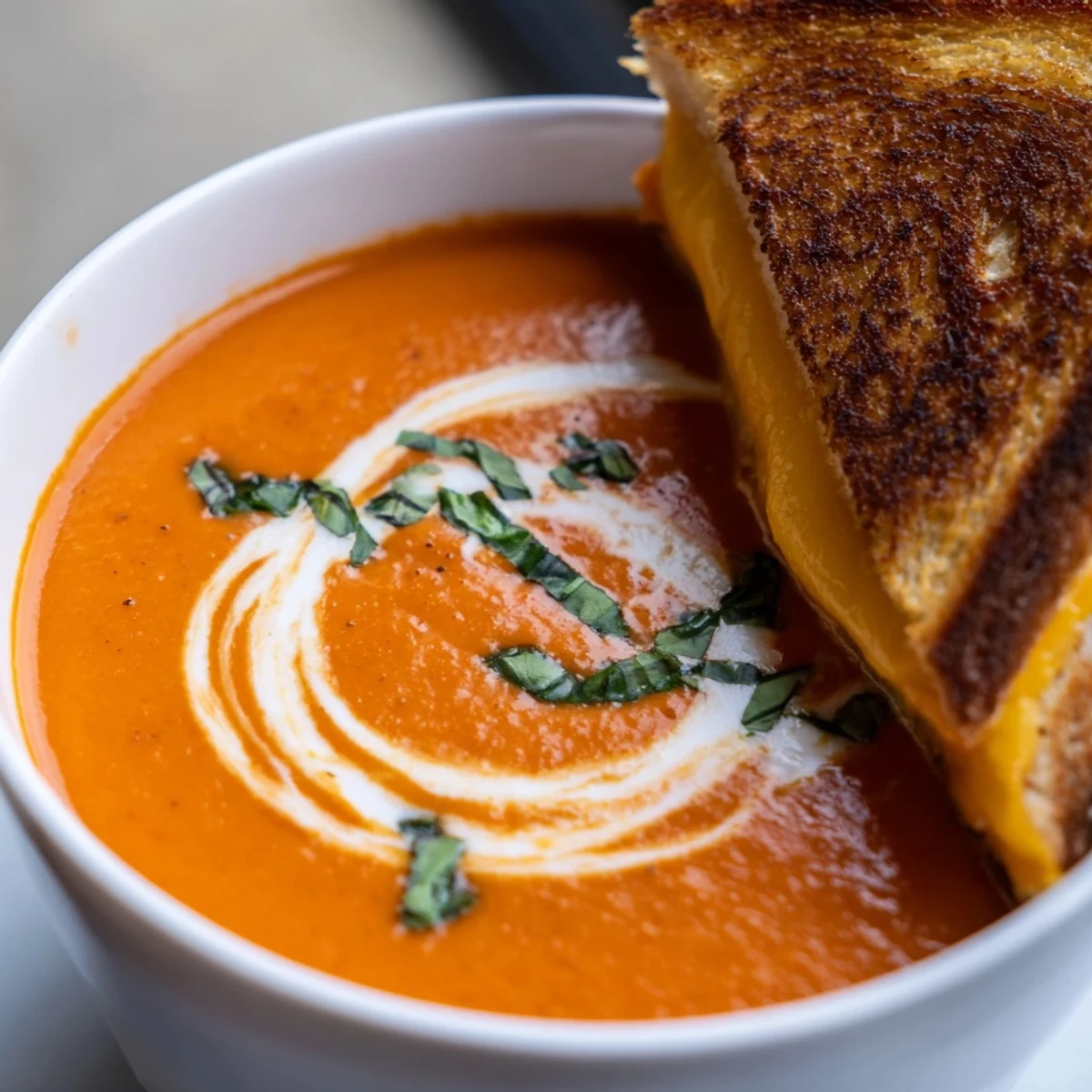 A golden grilled cheese sandwich rests beside creamy Tomato Basil Bisque, perfect for cozy weeknight comfort food.
