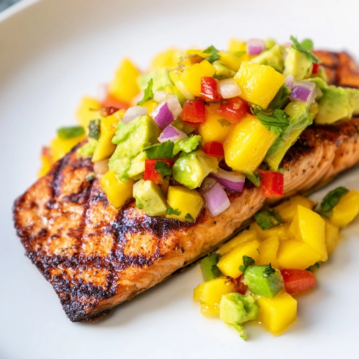Golden grilled salmon fillets topped with colorful mango avocado salsa and fresh cilantro on a white plate.