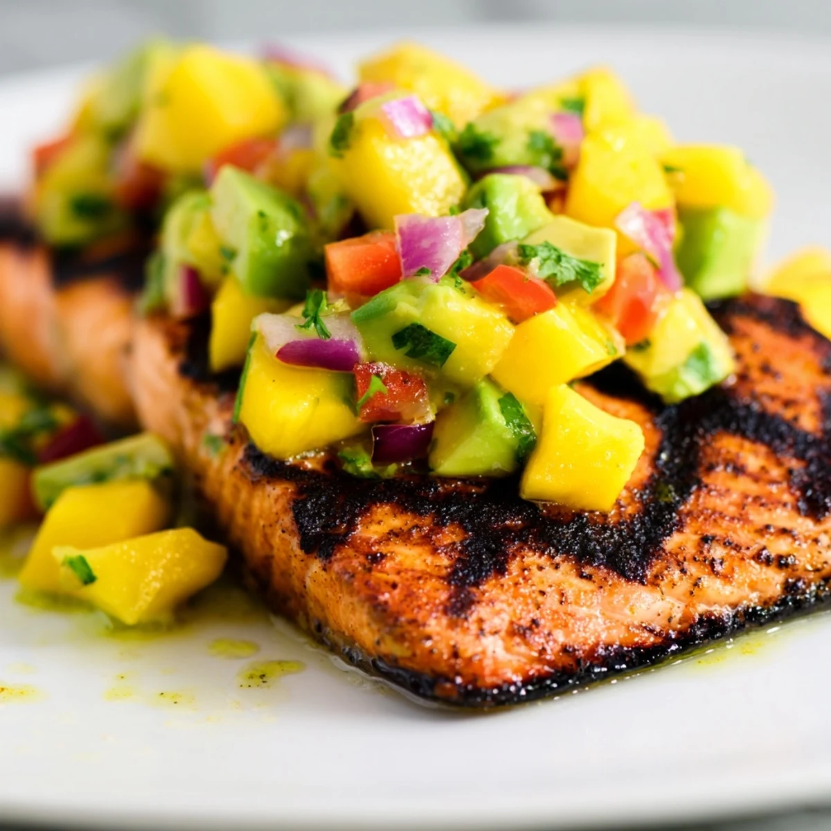 Freshly grilled salmon fillets sizzling on the grill topped with vibrant mango avocado salsa for a summer dinner.