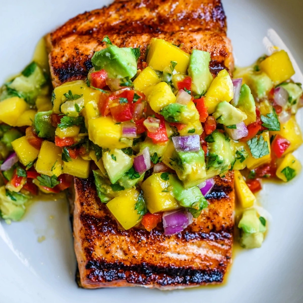 Perfectly cooked salmon fillet with juicy mango avocado salsa and lime wedges served alongside rice for a meal.