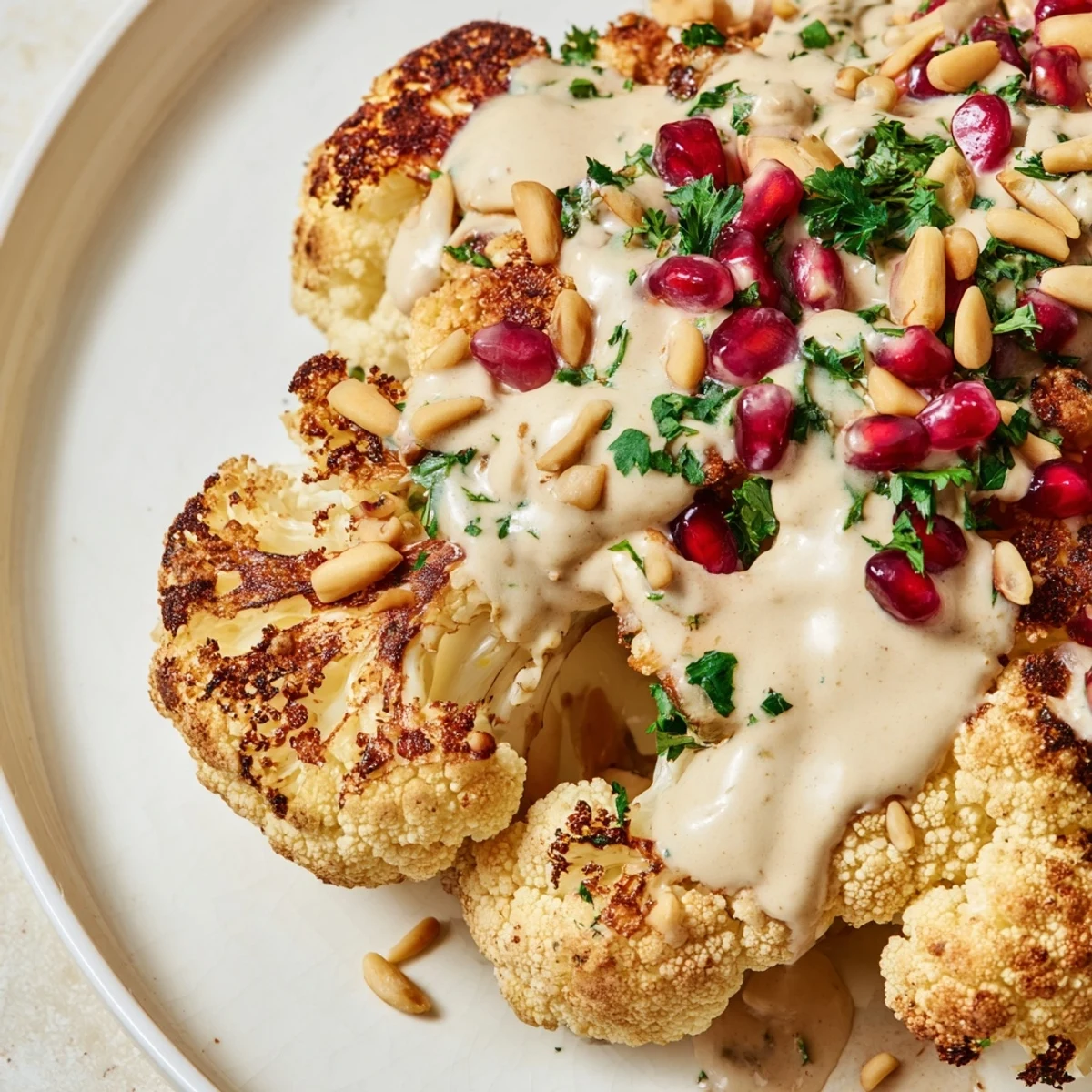 Golden roasted cauliflower steaks drizzled with creamy tahini dressing and fresh parsley garnish.