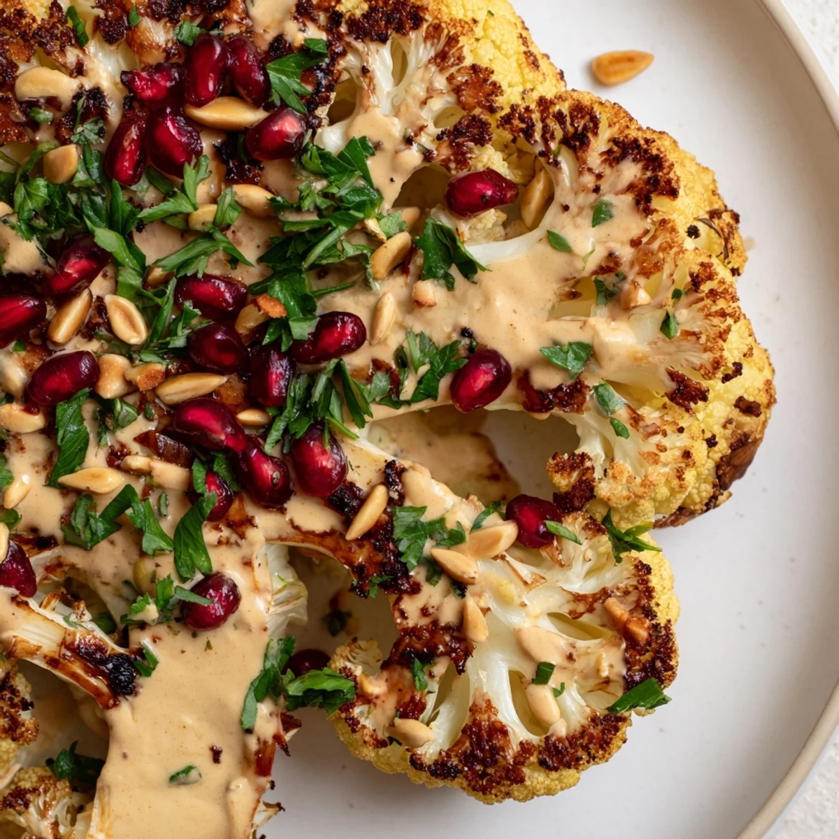 Hearty vegan cauliflower steaks with smoky paprika and tangy tahini sauce on a plate.