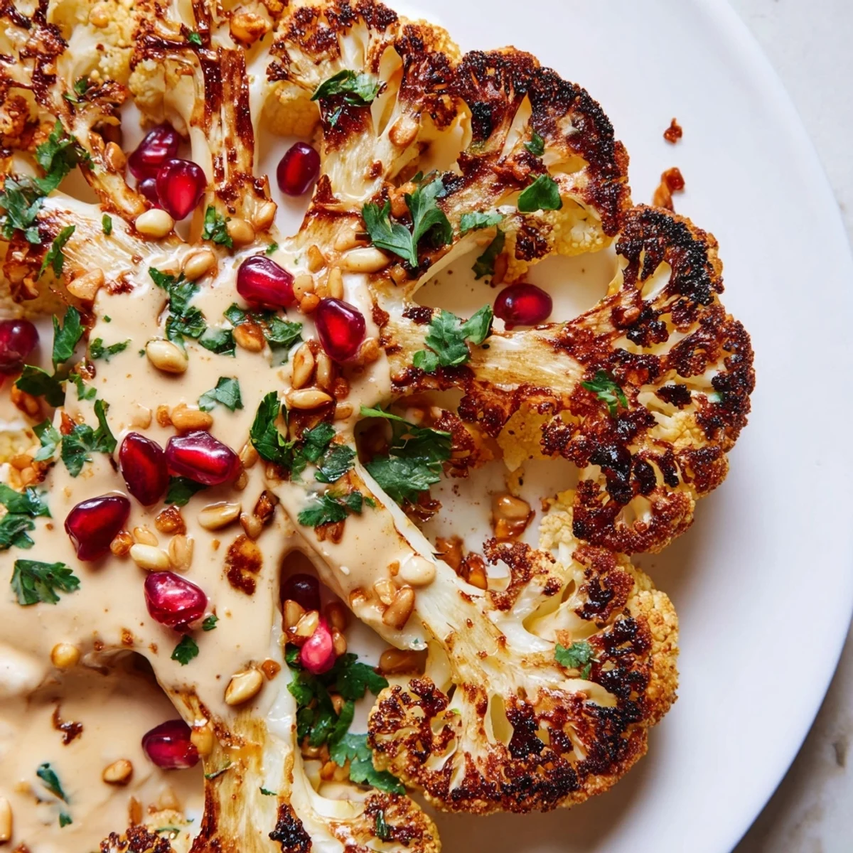 Thick cut cauliflower steaks roasted until caramelized, served with lemony tahini and pine nuts.