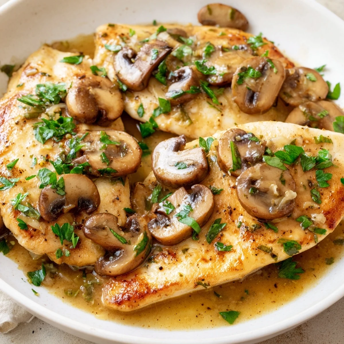 Golden-brown Chicken Marsala with Mushrooms in a rich, glossy sauce, garnished with fresh parsley and served with lemon wedges.