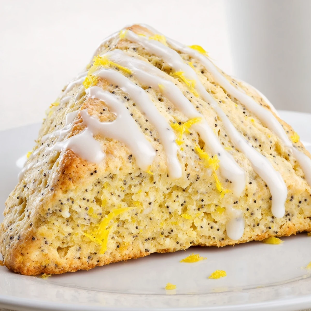 Freshly baked Lemon Poppy Seed Scones drizzled with sweet citrus glaze on a rustic wooden board.