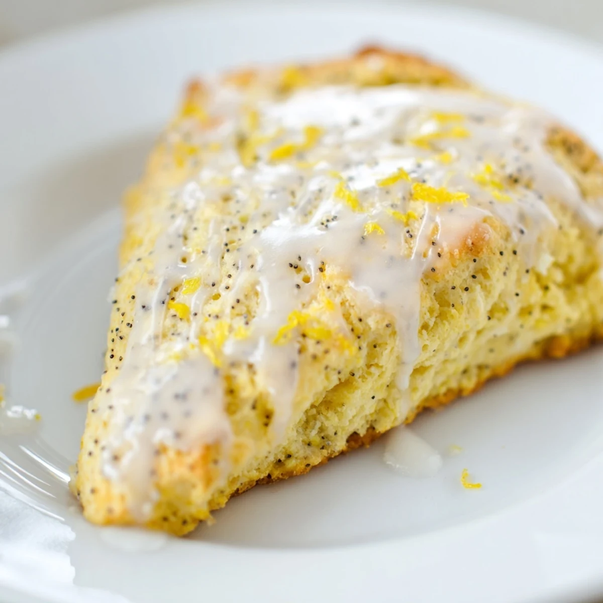 Golden Lemon Poppy Seed Scones topped with dripping glaze, ready for a cozy breakfast plate.