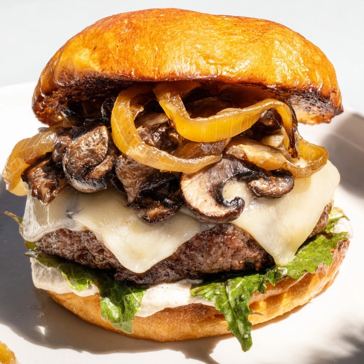 A juicy Mushroom and Swiss Burger with caramelized onions on a toasted brioche bun, garnished with fresh thyme.