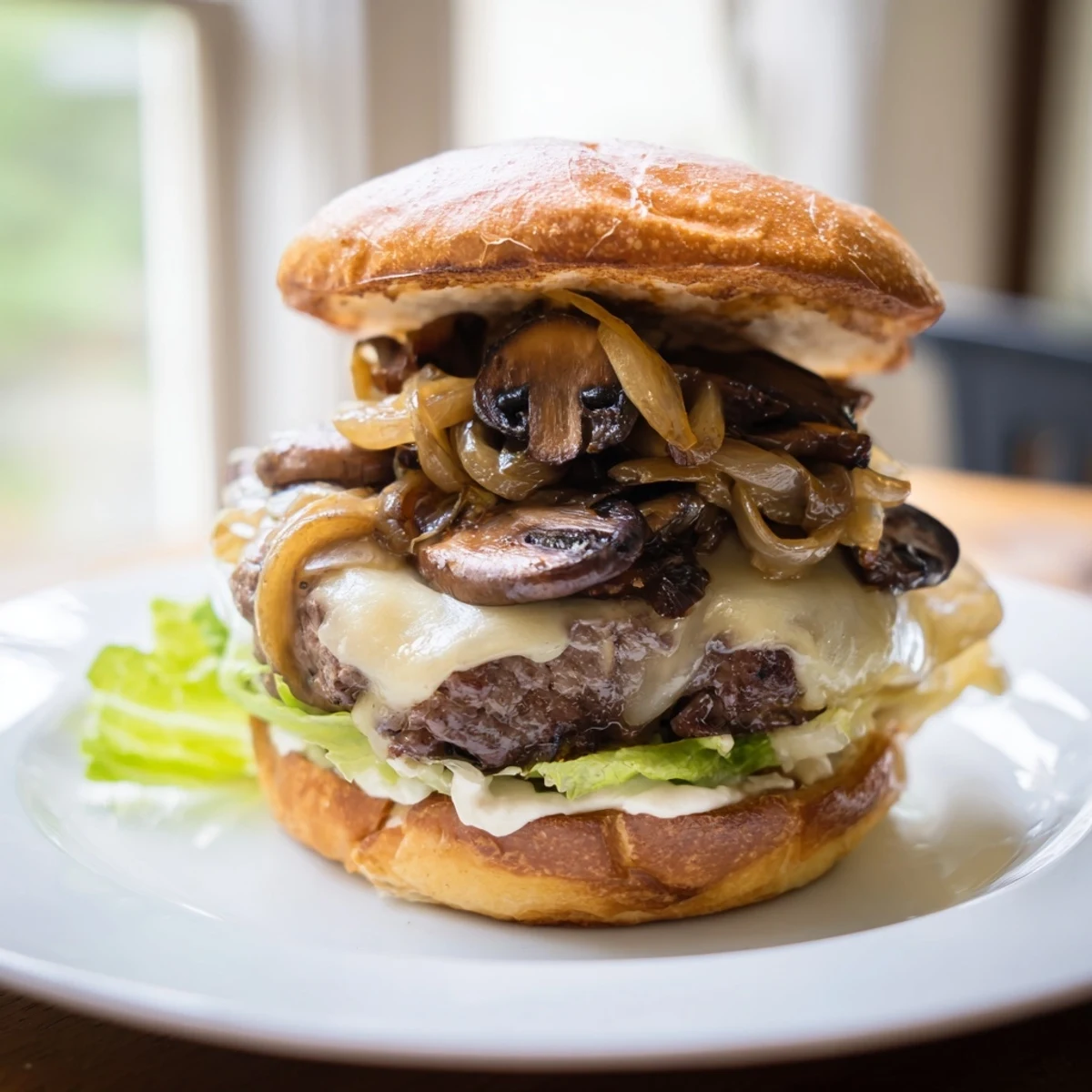 Thick-cut fries accompany this gourmet Mushroom and Swiss Burger, featuring melted cheese and sautéed mushrooms on a plate.