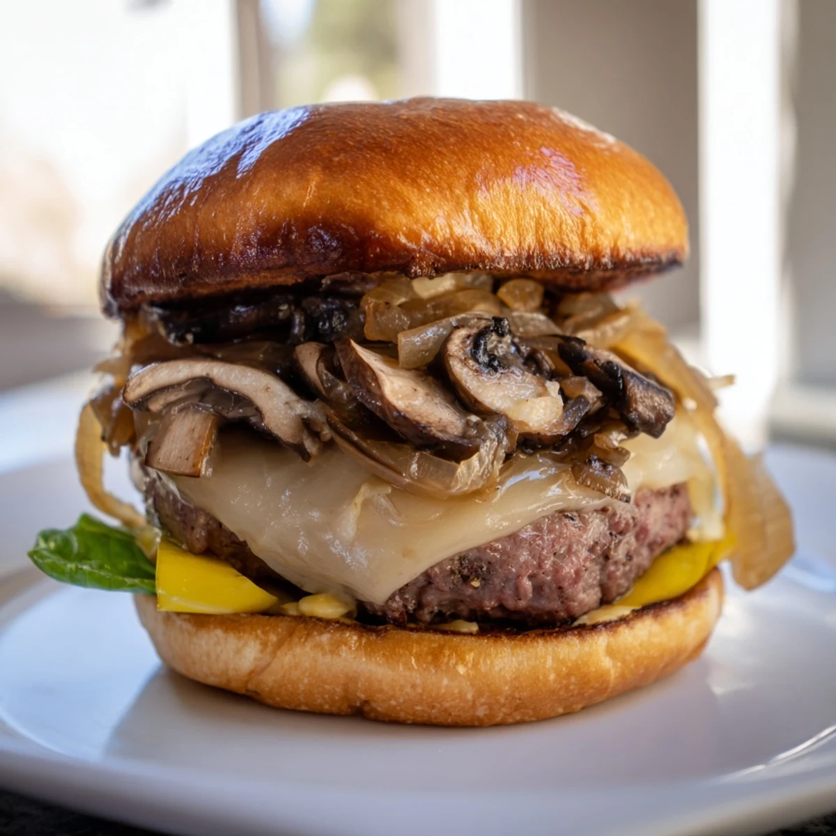 Close-up of a Mushroom and Swiss Burger revealing sweet caramelized onions and a perfectly seared beef patty.