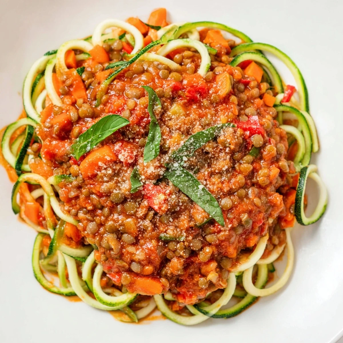 Savory Vegan Lentil Bolognese piled high on a plate with zucchini noodles, ready to be served with vegan parmesan.