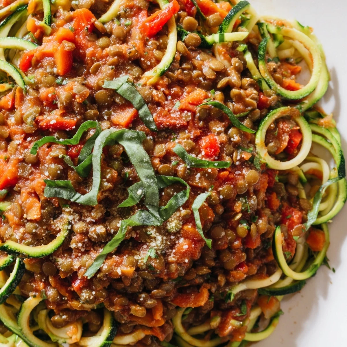 Steaming bowl of Vegan Lentil Bolognese with spiralized zucchini noodles, highlighting a hearty, plant-based dinner for four.