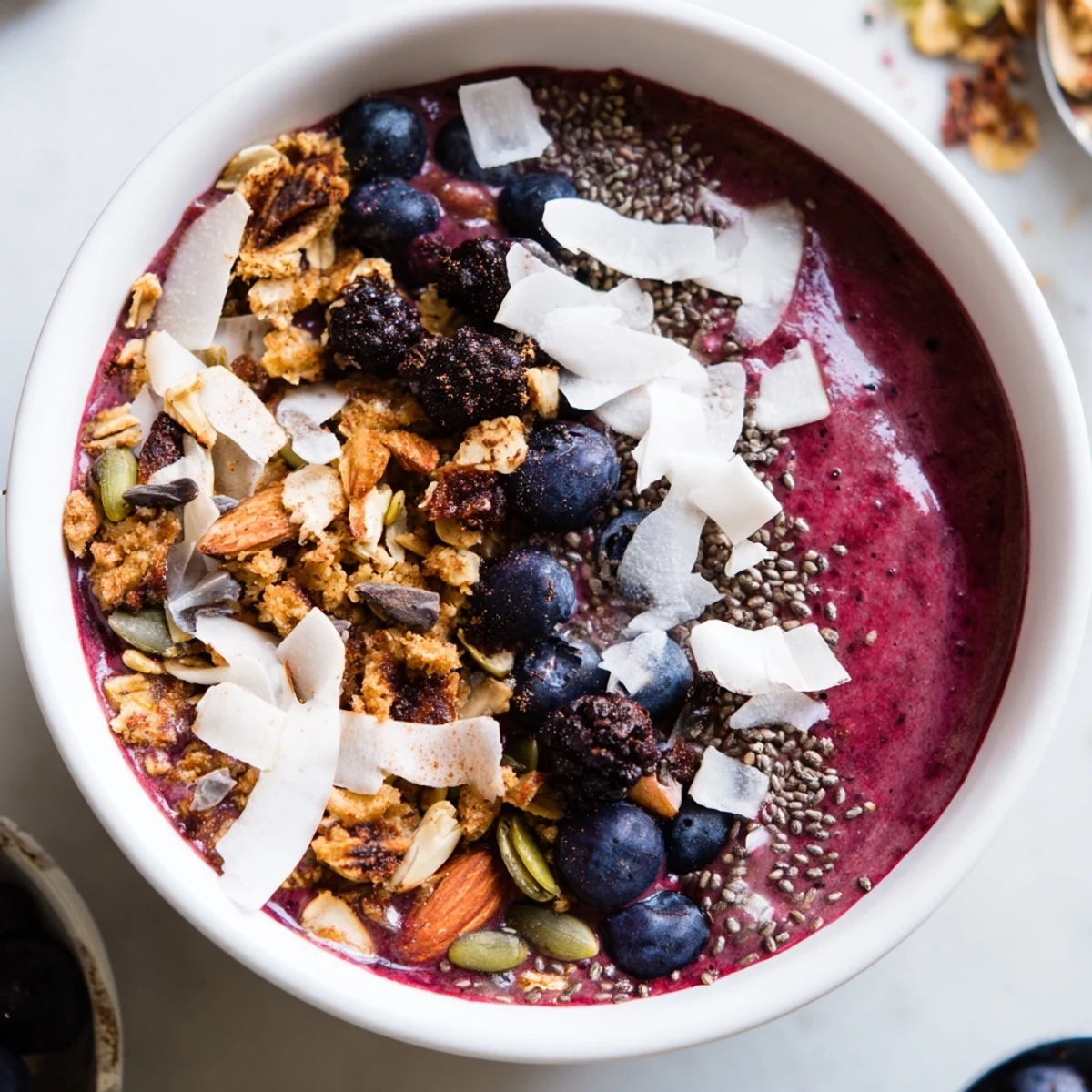 Thick and creamy Winter Berry Smoothie Bowl topped with crunchy granola, coconut flakes, and sliced almonds for breakfast.