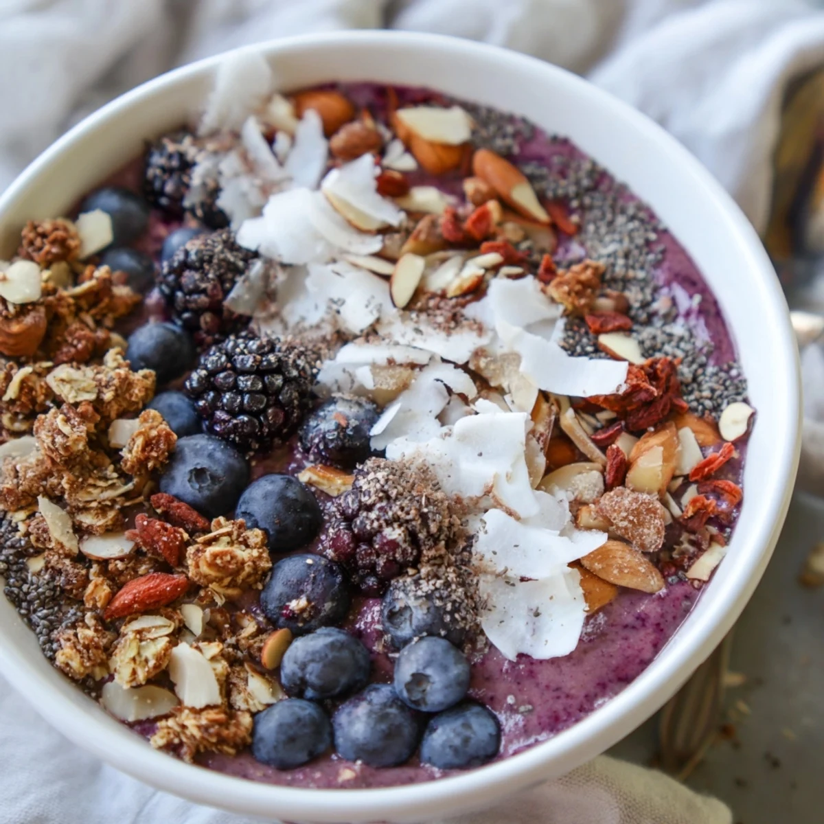 Colorful bowl of Winter Berry Smoothie Bowl, featuring fresh berries, pumpkin seeds, and a generous sprinkle of cacao nibs.
