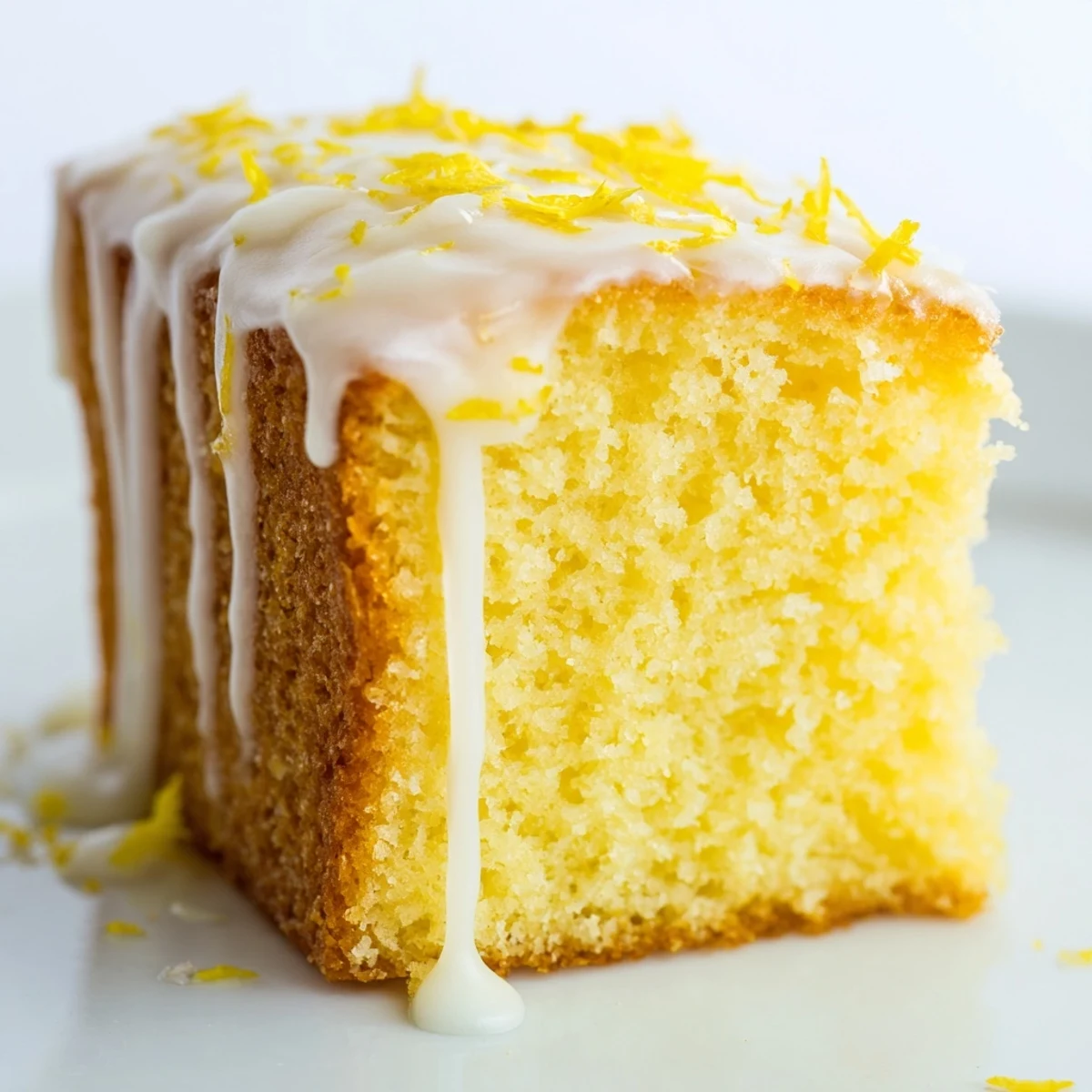 Freshly baked Lemon Cake Slice with a zesty glaze, served on a white plate for an afternoon tea treat.